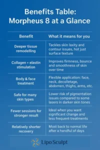 How Often Can I have Morpheus 8? 3 Table showing the benefits of Morpheus 8 treatment from Lipo Sculpt Colchester